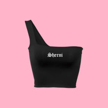 Load image into Gallery viewer, ASYMMETRICAL SHERNI BLACK CROP TOP
