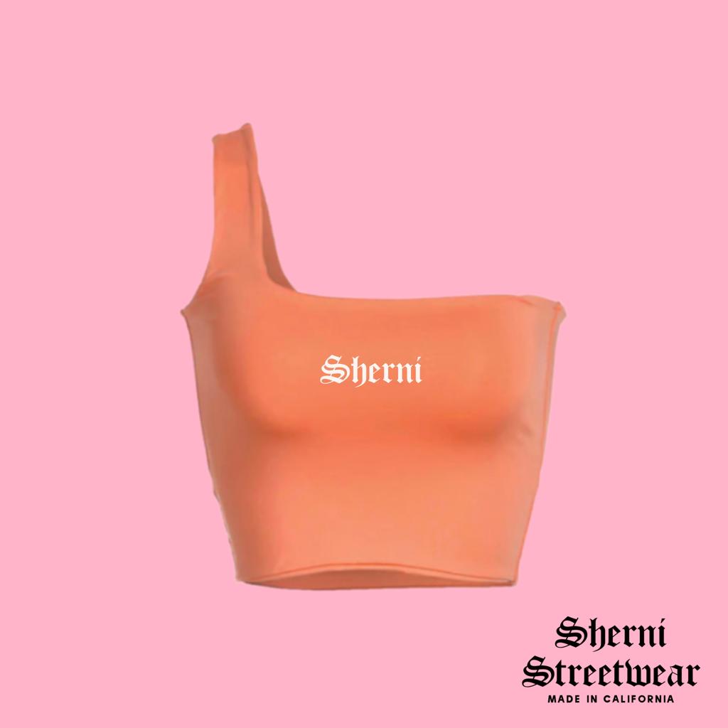 ASYMMETRICAL SHERNI PEACH CROP TOP