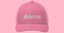 Load image into Gallery viewer, PINK SHERNI TRUCKER HAT EMBROIDERED IN WHITE THREAD BY SHERNI STREETWEAR
