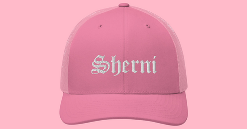 PINK SHERNI TRUCKER HAT EMBROIDERED IN WHITE THREAD BY SHERNI STREETWEAR