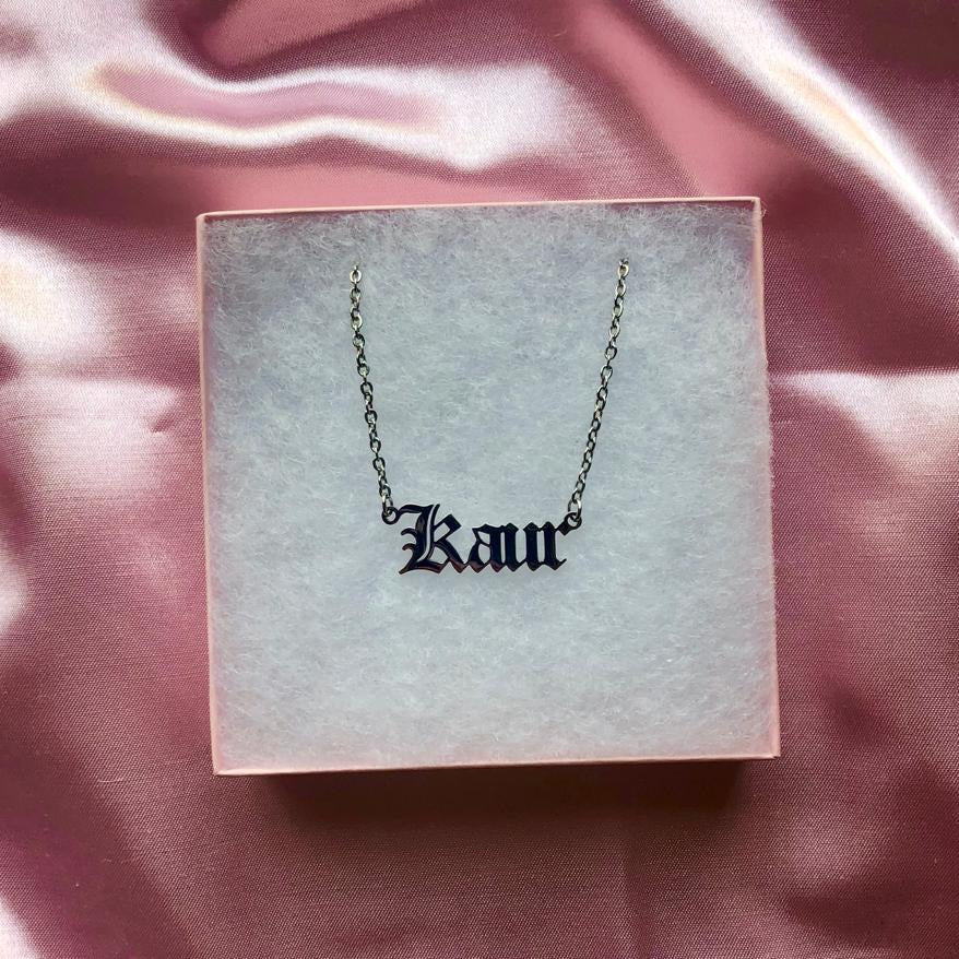 Kaur nameplate necklace in silver by Sherni Streetwear