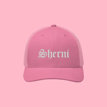 Load image into Gallery viewer, PINK SHERNI TRUCKER HAT EMBROIDERED IN WHITE THREAD BY SHERNI STREETWEAR
