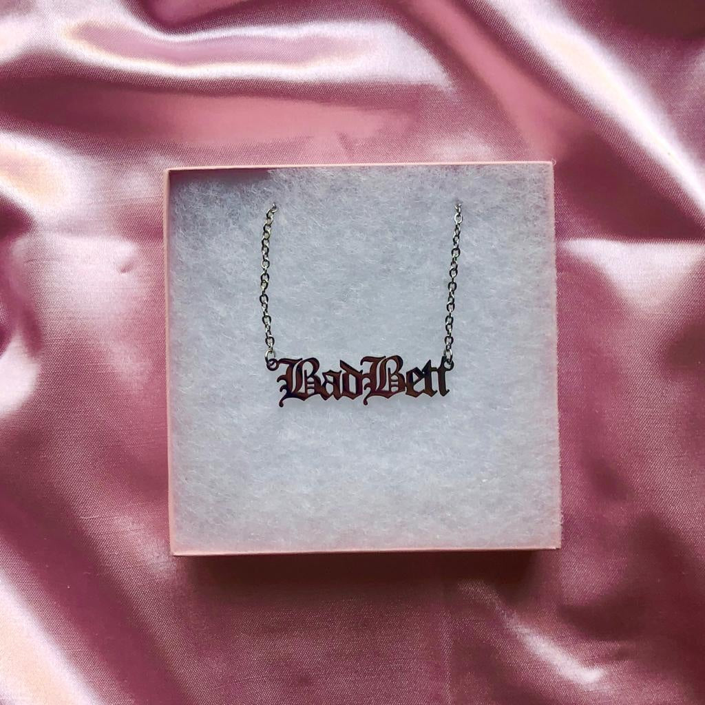 Bad Beti nameplate necklace in silver by Sherni Streetwear